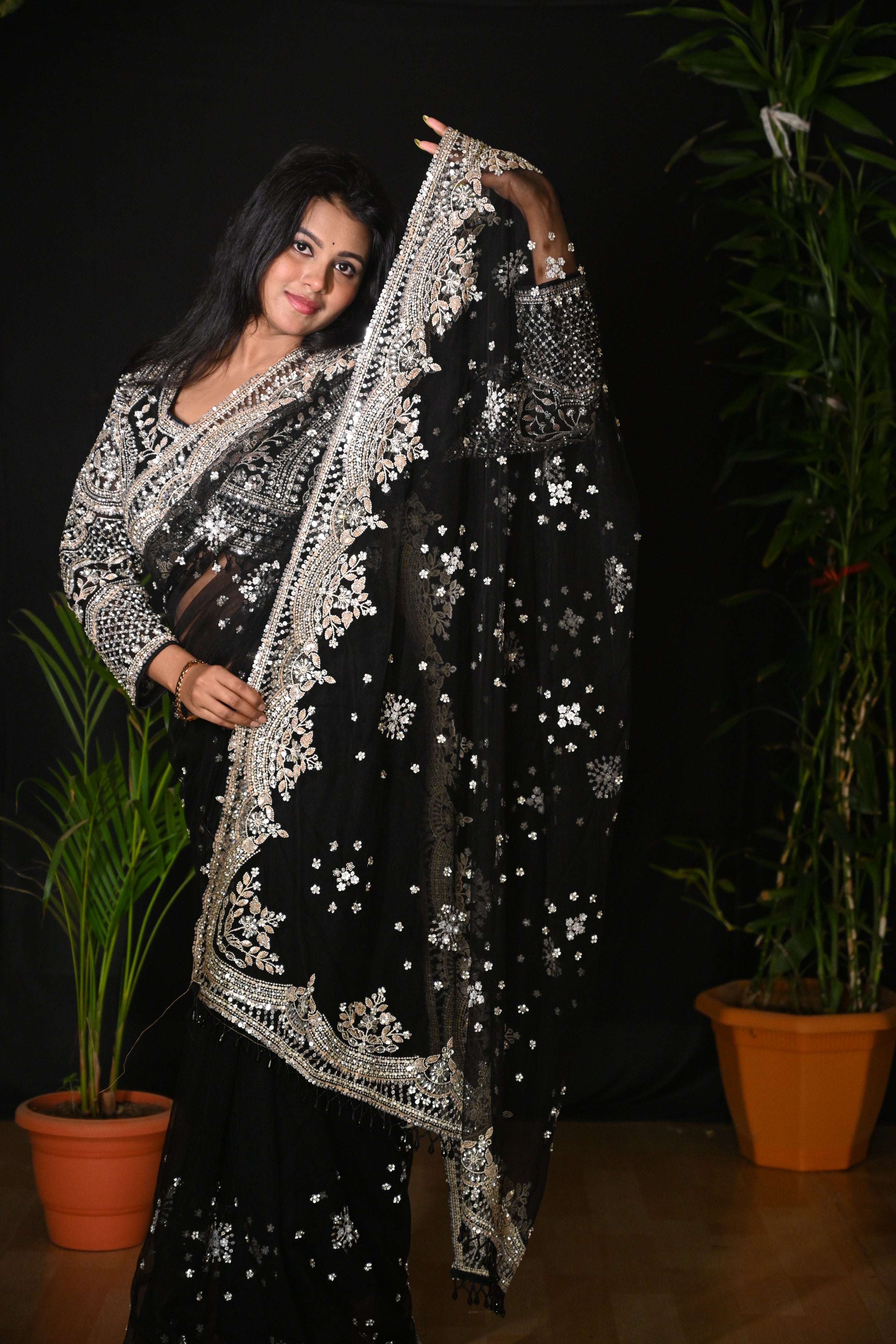 Midnight Noir Heirloom Net Saree
