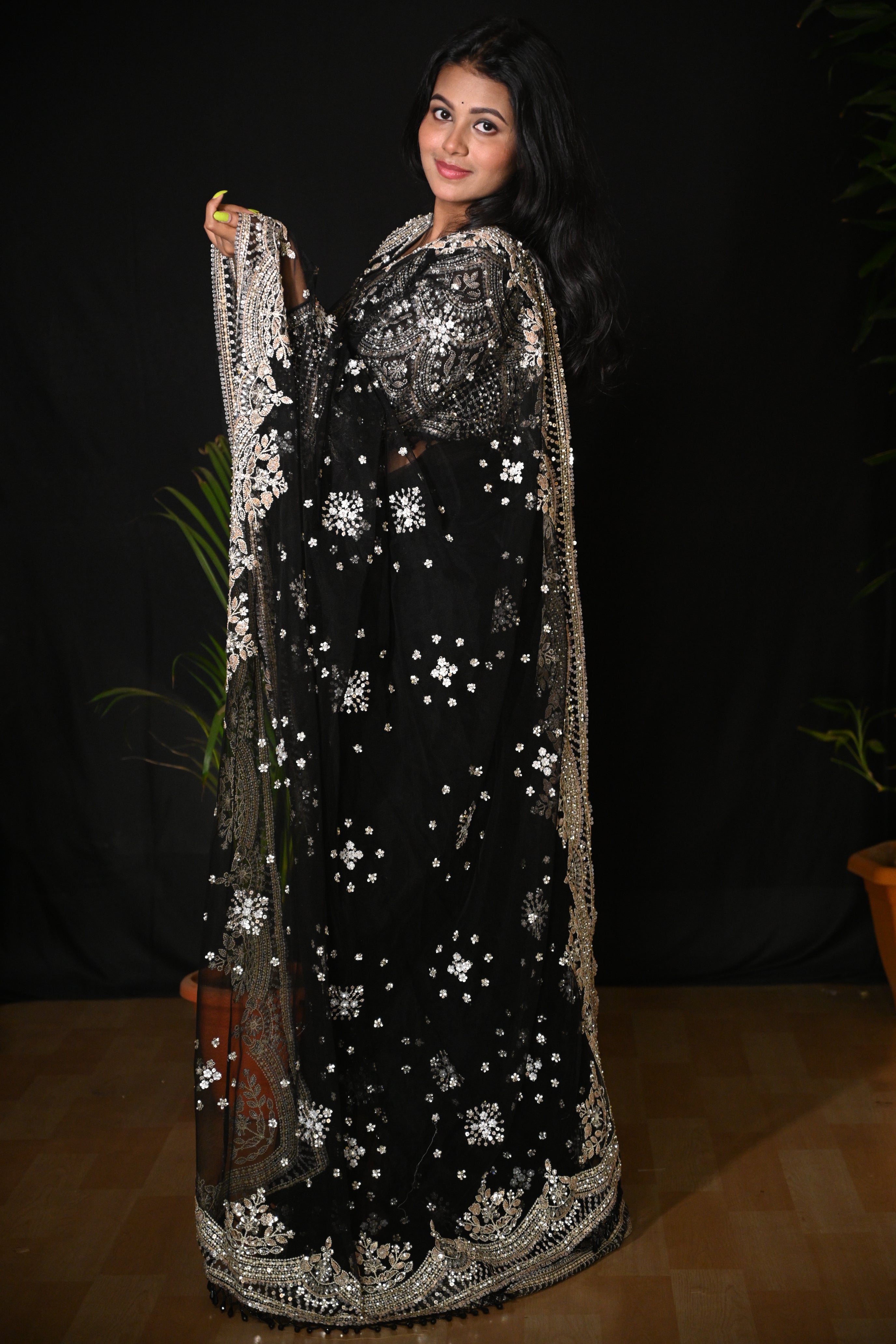 Midnight Noir Heirloom Net Saree