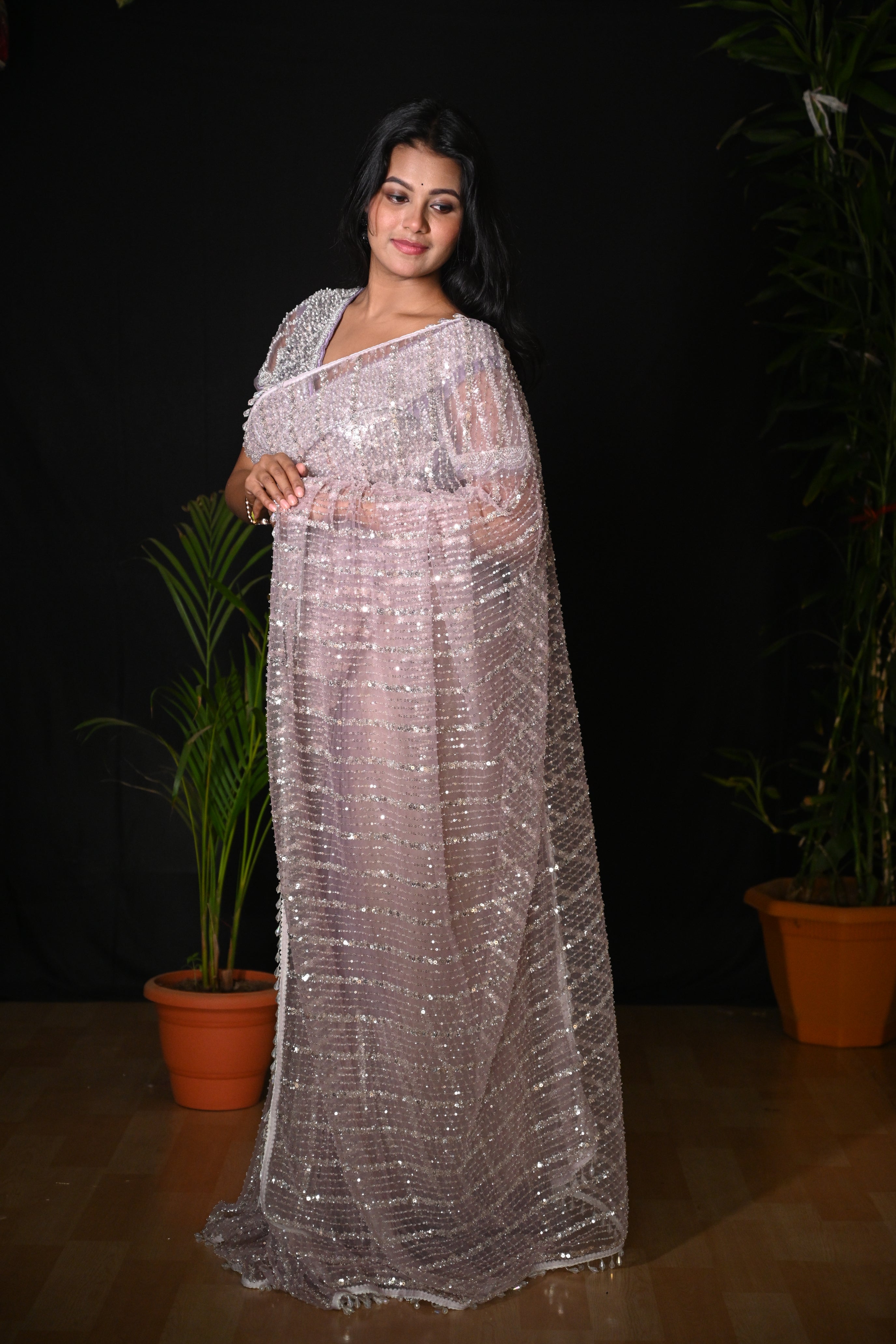 Lavender Stardust Sequin Net Saree