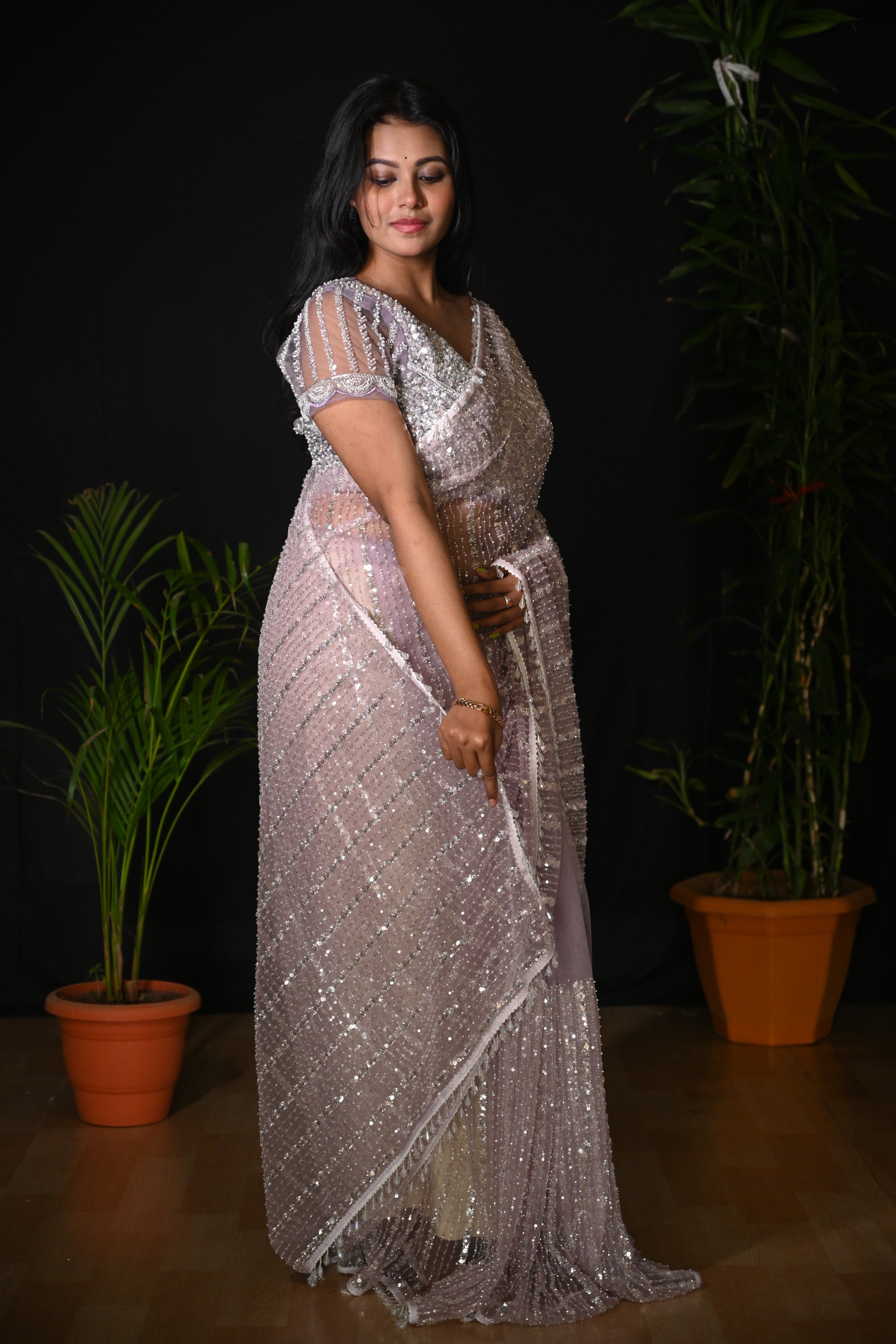 Lavender Stardust Sequin Net Saree