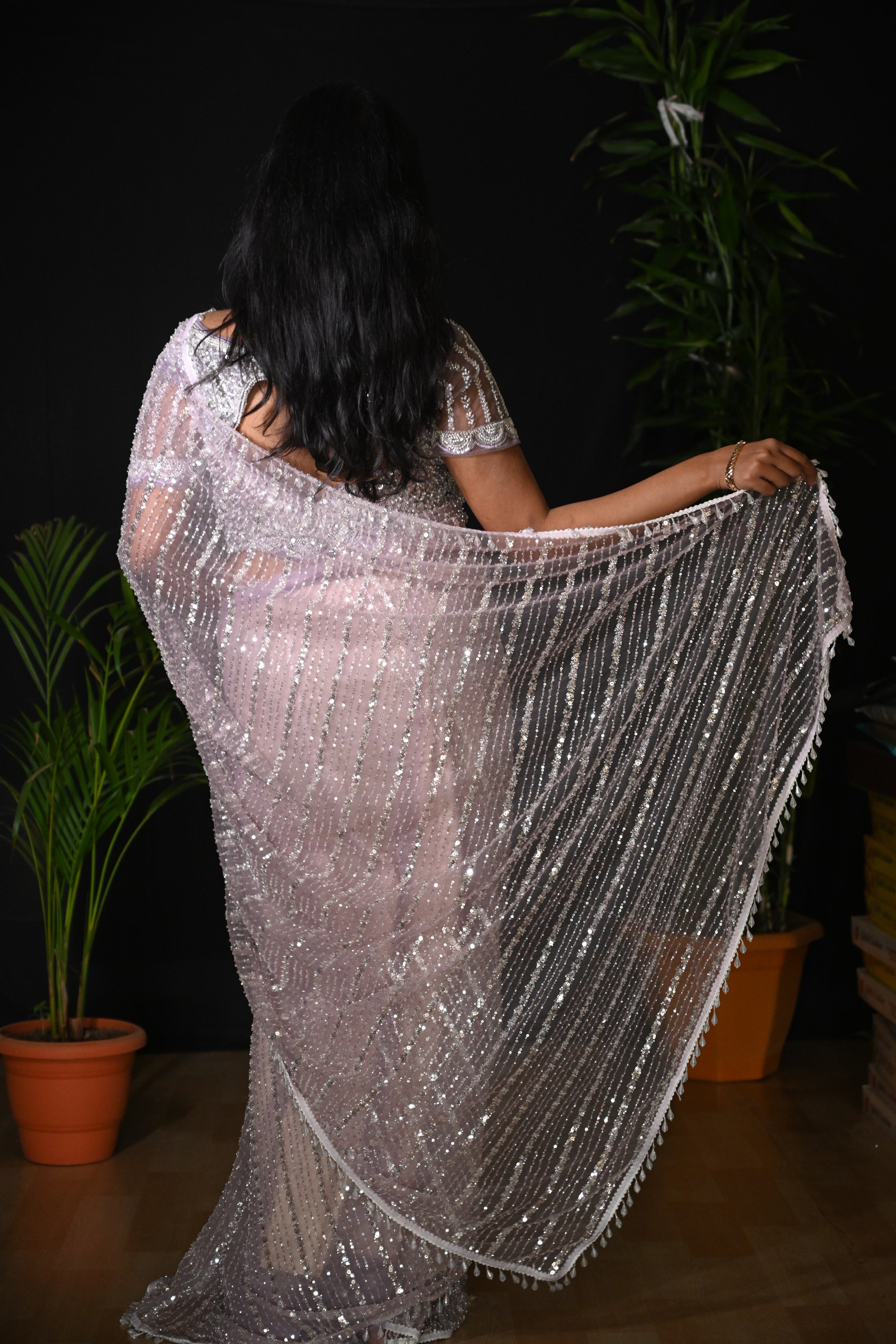 Lavender Stardust Sequin Net Saree