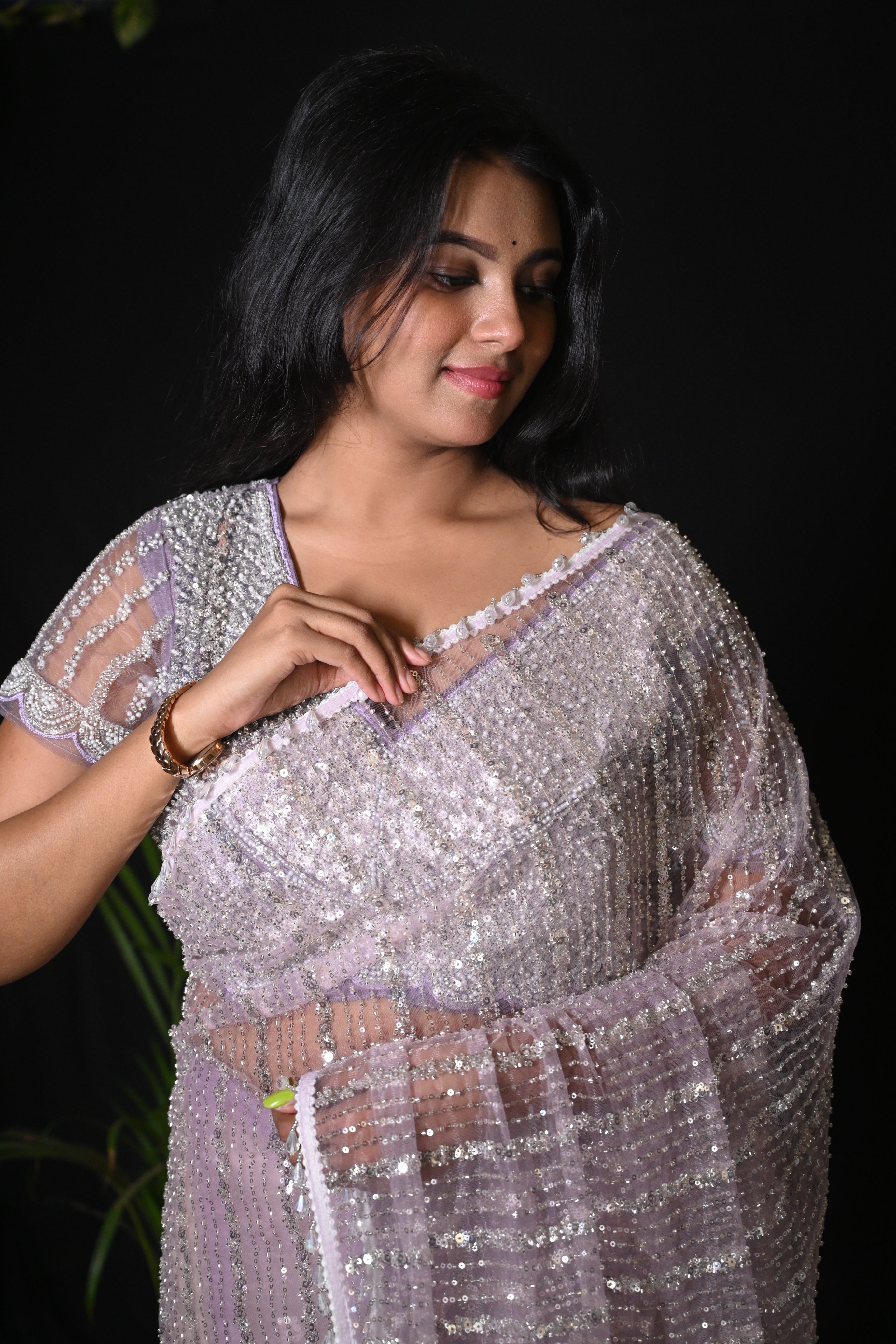 Lavender Stardust Sequin Net Saree