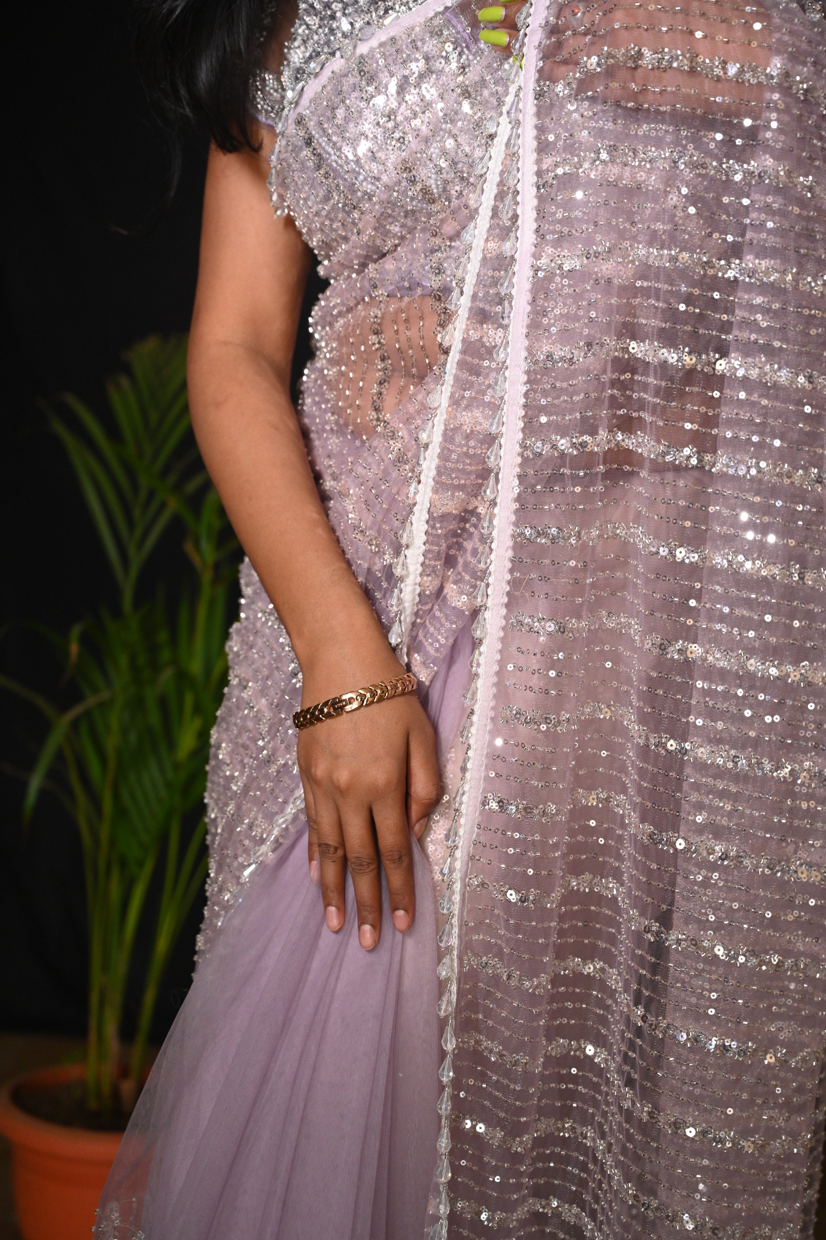 Lavender Stardust Sequin Net Saree